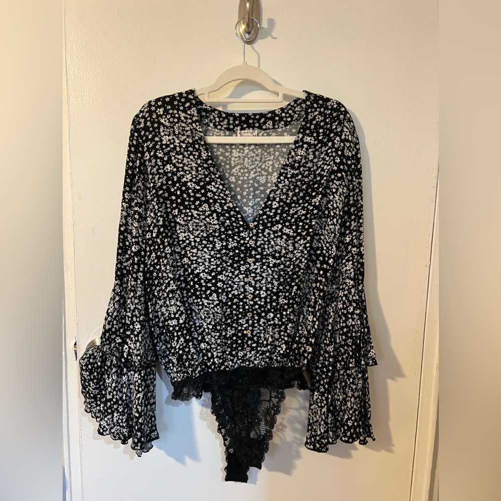 Free People, Floral, Wide Sleeve Bodysuit